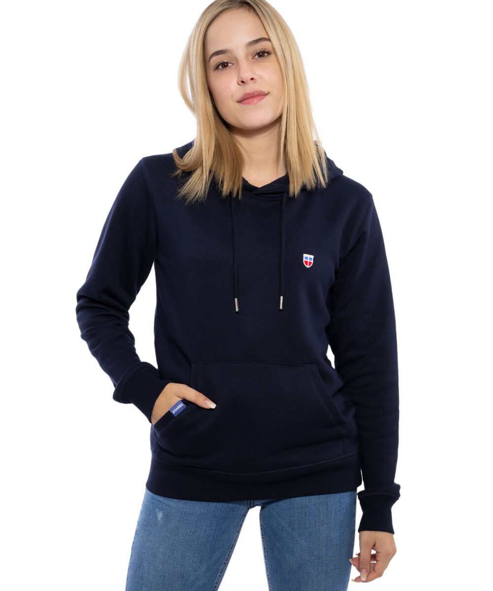 Hochwertig bestickter sommerlich dünner LASARRE Frauen Hoodie „MICHELLE“ in der Farbe Anthrazit von der Saarland Marke Lasarre mit dem LASARRE Wappen in Blau, Weiß, Rot auf der linken Brust und dem blauen LASARRE Markenzeichen am Saum