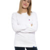 Hochwertig besticktes dünnes Frauen Sweatshirt bzw. dünner Pulli „MARIE“ in der klassischen Farbe Weiß von der Saarland Marke Lasarre mit dem LASARRE Wappen in Blau, Weiß, Rot von auf der linken Brust und dem blauen LASARRE Markenzeichen am Saum