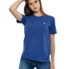Hochwertig besticktes VIVE-LA-SARRE T-Shirt „CLAIRE“ für Frauen in der Farbe Kobalt von der Saarland Marke Lasarre mit dem LA-SARRE Wappen in Blau, Weiß, Rot auf der linken Brust und dem blauen LA-SARRE Markenzeichen am Saum