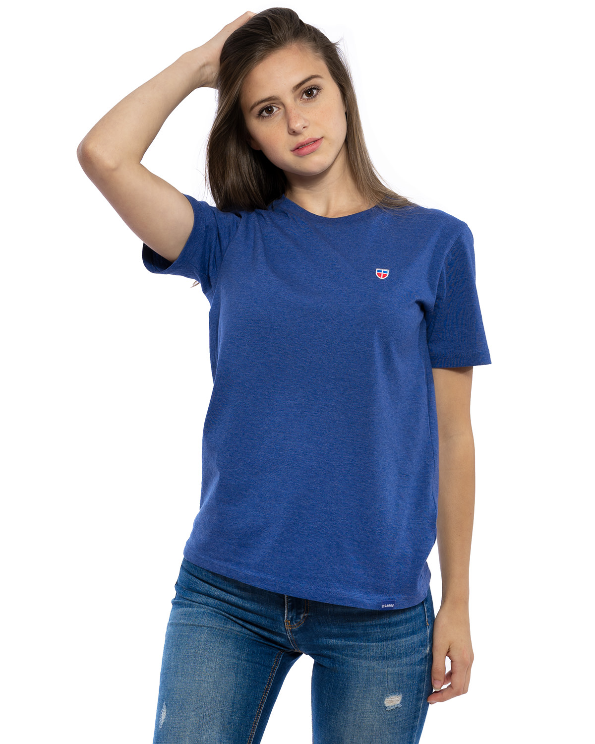 Hochwertig besticktes VIVE-LA-SARRE T-Shirt „CLAIRE“ für Frauen in der Farbe Kobalt von der Saarland Marke Lasarre mit dem LA-SARRE Wappen in Blau, Weiß, Rot auf der linken Brust und dem blauen LA-SARRE Markenzeichen am Saum
