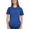 Vorder-Ansicht des hochwertig bestickten VIVE-LA-SARRE T-Shirt „CLAIRE“ für Frauen in der Farbe Kobalt von der Saarland Marke Lasarre mit dem LA-SARRE Wappen in Blau, Weiß, Rot auf der linken Brust und dem blauen LA-SARRE Markenzeichen am Saum