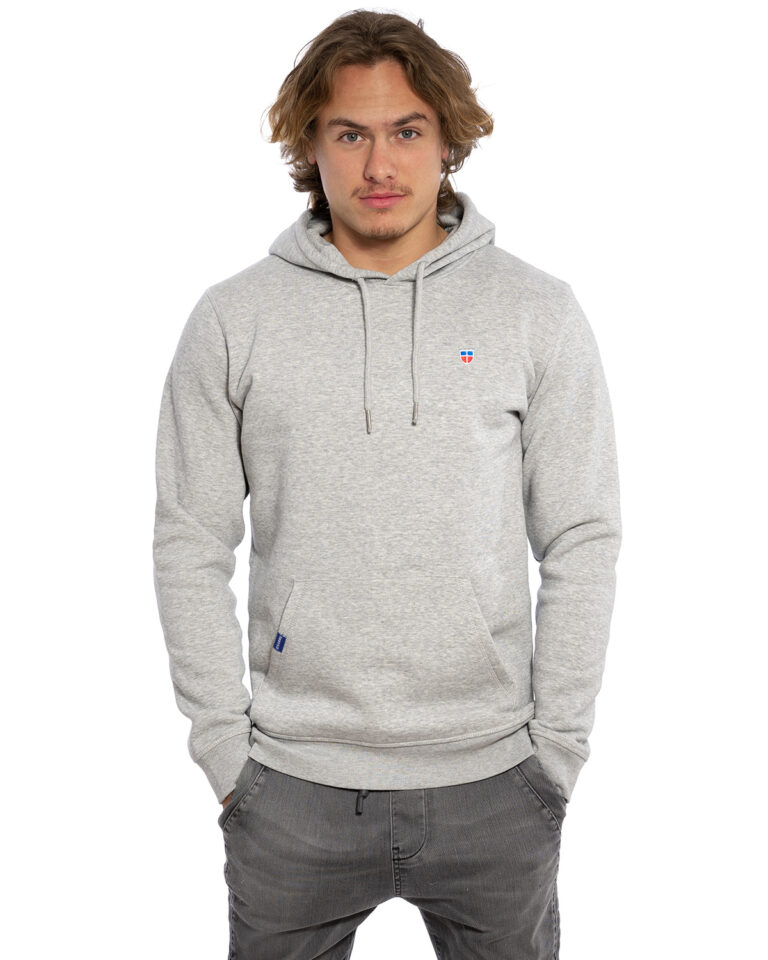Hochwertiger und bestickter sportlich-leichter Hoodie „LUKAS“ für Männer in der Farbe Asch-Grau von der Saarland Marke Lasarre mit dem LASARRE Wappen in Blau, Weiß, Rot vorne auf der linken Brust und zwei blauen LASARRE Markenzeichen, am Saum und am Nacken