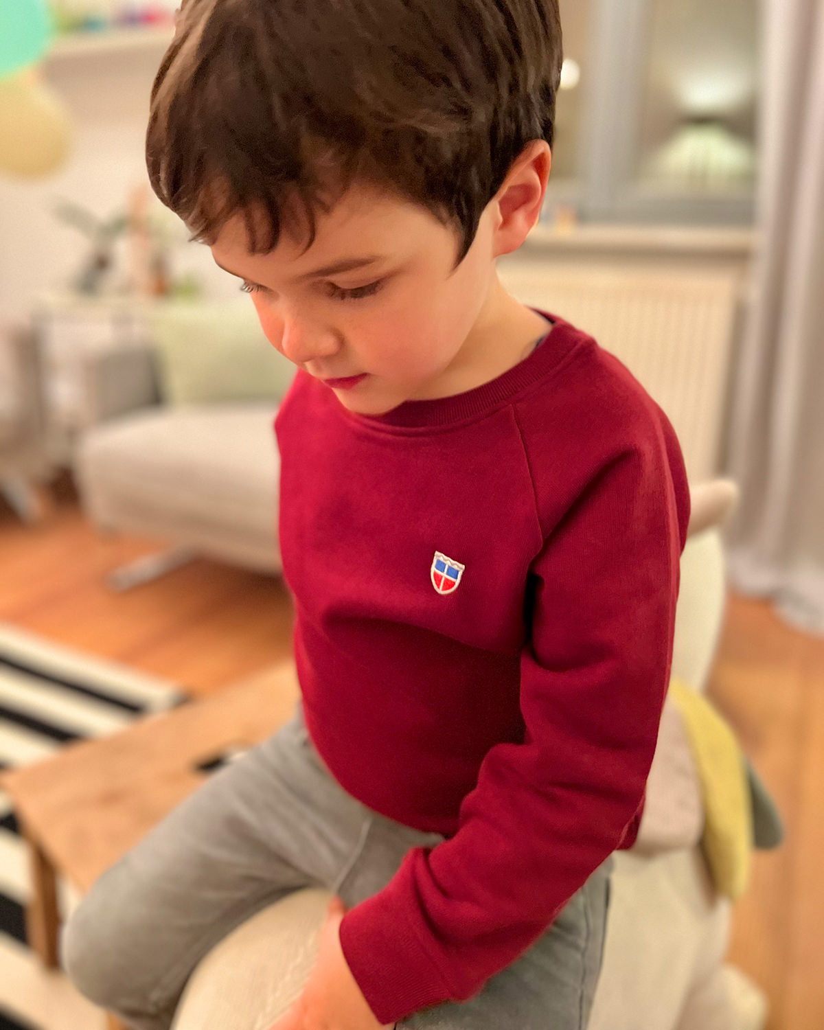 Anton ist 5 Jahre alt und liebt sein neues Sweatshirt.