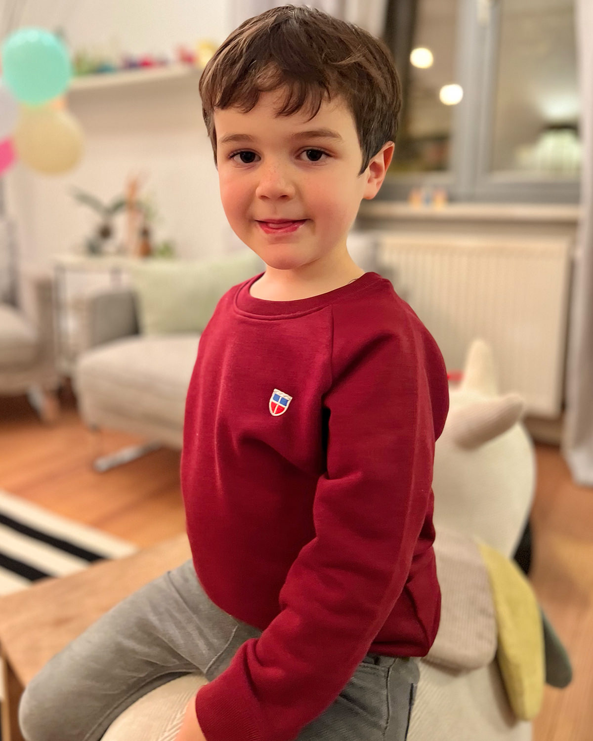 Das perfekte Geschenk: Unser Sweatshirt Tom mit Saarlandwappen für Kinder. Anton ist 5 Jahre alt und macht darin eine tolle Figur.